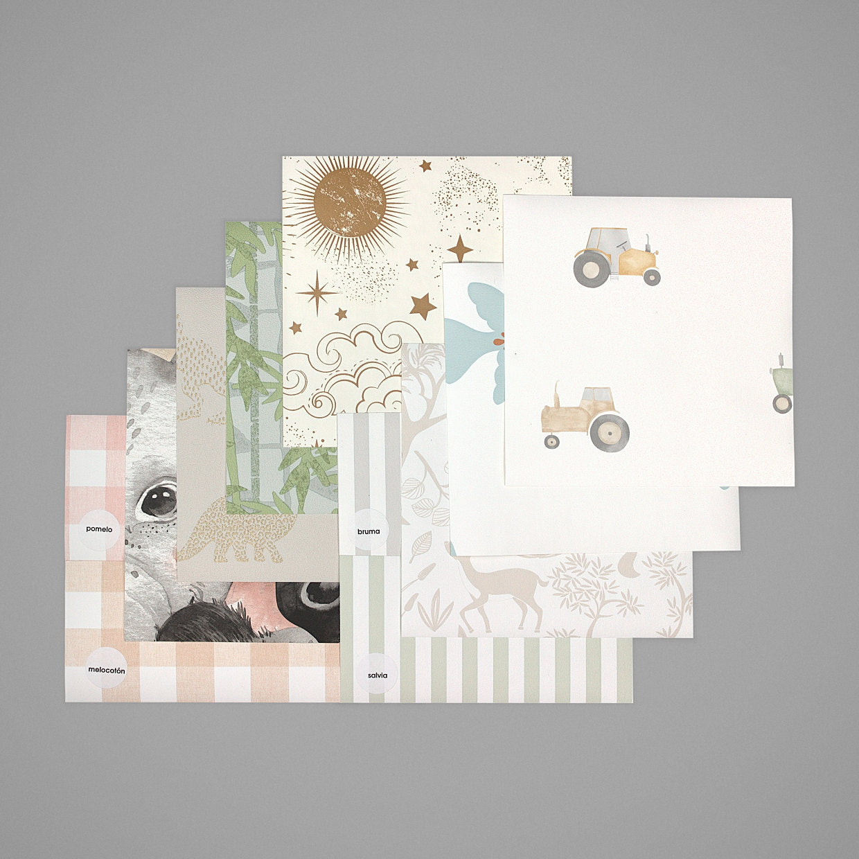 Pack Infantil: 9 muestras de papel pintado Garlanda de 21 × 21 cm. Diseños pensados para los más pequeños.