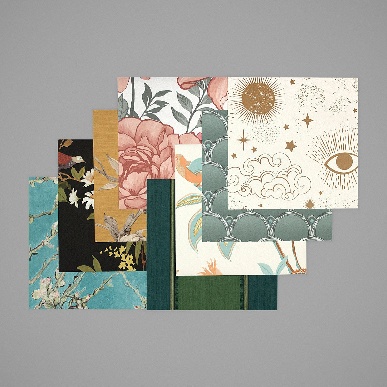 Pack Intenso: 8 muestras de papel pintado Garlanda de 21 × 21 cm. Papeles expresivos, para una pared protagonista.