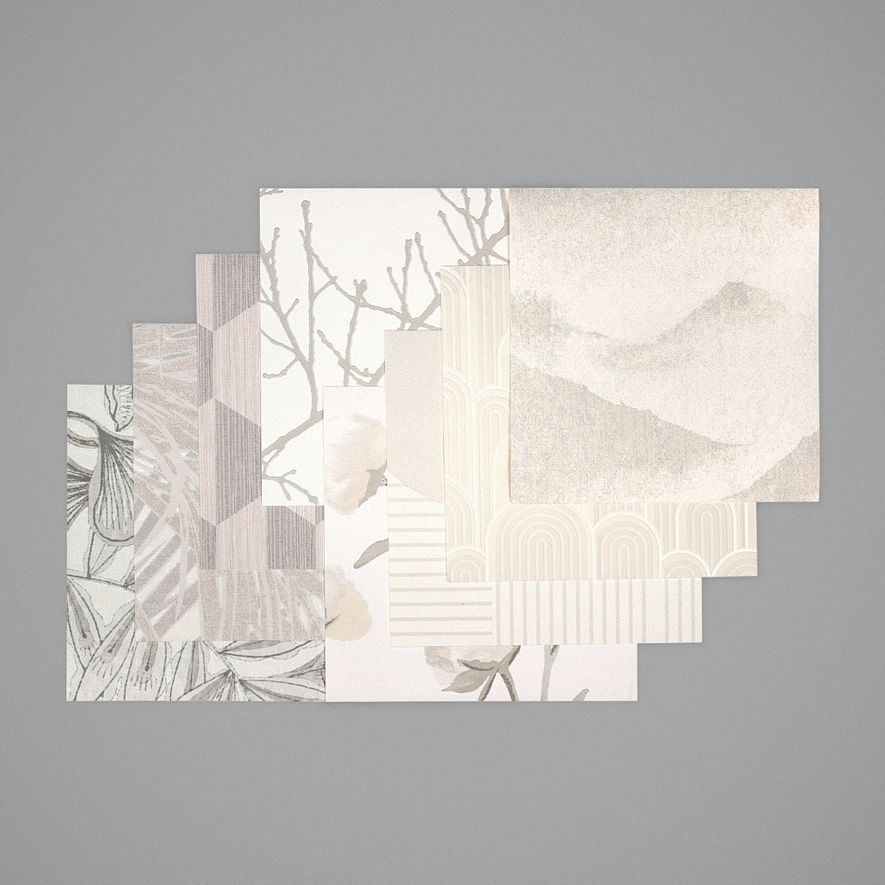 Pack Neutros: 8 muestras de papel pintado Garlanda de 21 × 21 cm. Papeles discretos de paleta neutra.